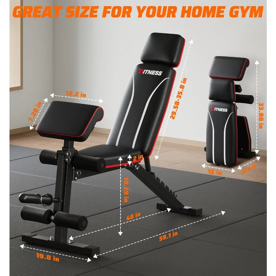 Verstellbare Hantelbank mit Beinstreckung und Curlpult für das Heim-Fitnessstudio, 360 kg Tragfähigkeit, flache Schrägbank Negativbank Hantelbank