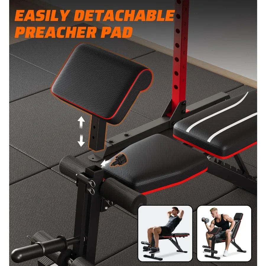 Verstellbare Hantelbank mit Beinstreckung und Curlpult für das Heim-Fitnessstudio, 360 kg Tragfähigkeit, flache Schrägbank Negativbank Hantelbank