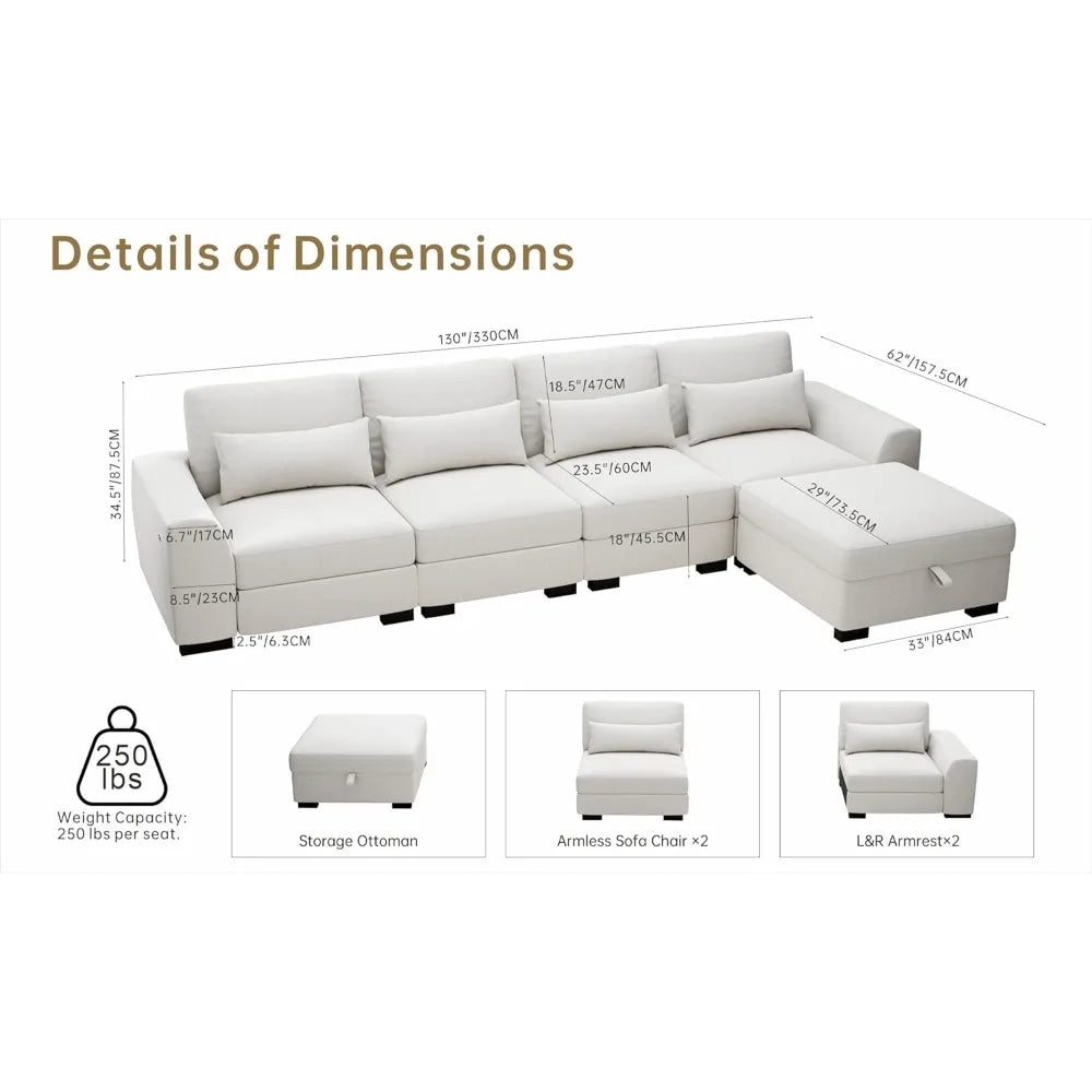Modular Sectional Couches for Living Room - Convertible L Shaped Couch Beige 4 Seater Living Room Furniture Set - Sofa