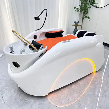 Barbershop Neuestes Head Spa Shampoo Bett mit Nachttisch-Dampf-Salonwaschbecken, elektrischer Rückenlehne, Shampoo Bett, zirkulierendes Wasser, Salondekor