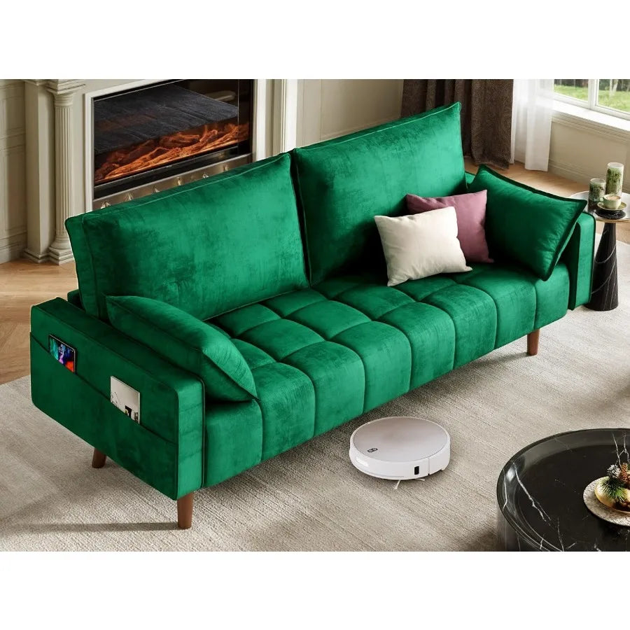67 Loveseat Sofa aus Samtstoff, entworfen für kleine Räume, modernes, geknöpftes Sofa mit integrierten Seitenaufbewahrungstaschen, perfekt