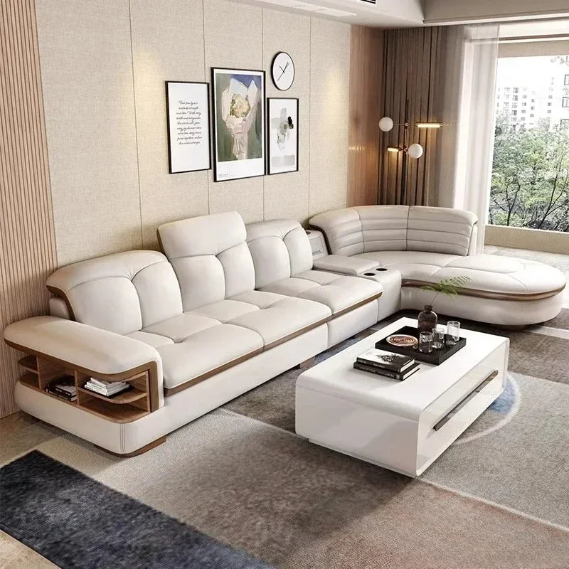 Luxuriöse L-förmige Sektionssofas aus echtem Leder mit USB- und Bluetooth-Lautsprecher – MINGDIBAO Wohnzimmer Italienische Ledersofas