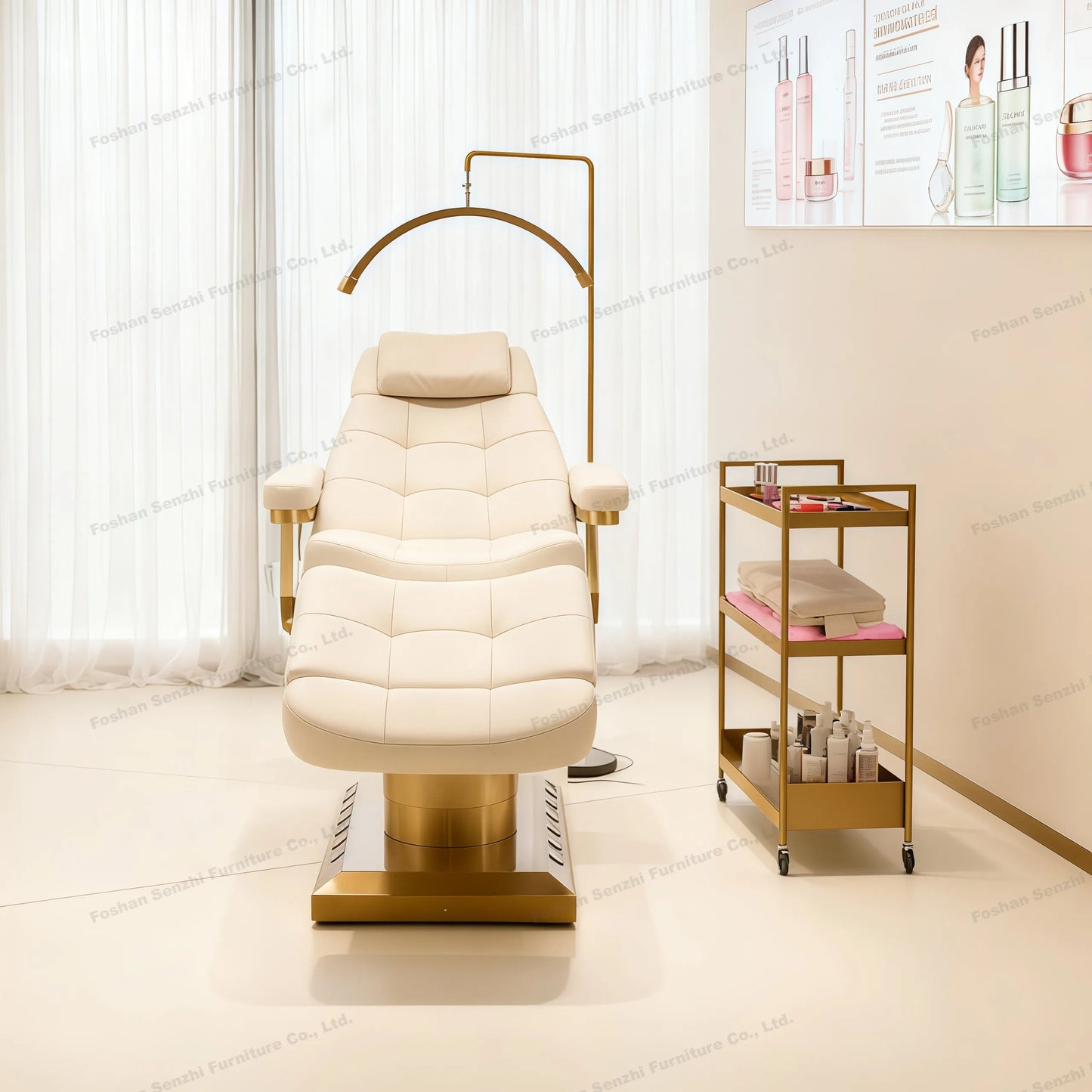 Luxuriöses elektrisches Schönheitsbett mit goldenem Sockel, Leder-Massagebett, Salon-Gesichts-Wimpernliege mit Beleuchtung