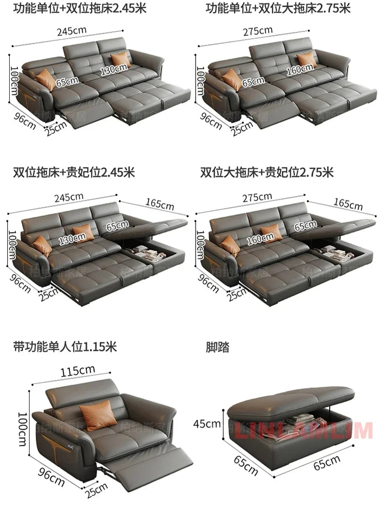 Modernes elektrisches Schlafsofa mit verstellbarer Rückenlehne, L-förmiges, multifunktionales italienisches Echtleder-Sofa