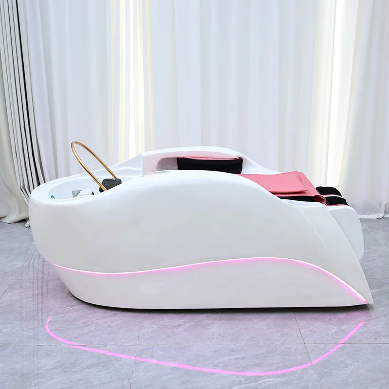 Modern Beauty Salon Furniture pink Light Salon Shampoo Chair Bed Luxury Electric Massage Washing Chair with Water Circulation