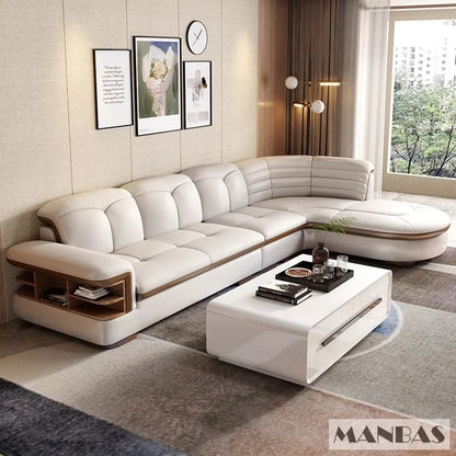 Luxuriöse L-förmige Sektionalsofa-Sets aus echtem Leder mit USB, Bluetooth-Lautsprecher – Linlamlim Wohnzimmer italienische Ledersofas