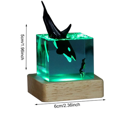 Marine Whale Cube Ornament –  Ocean Diver Resin Decoration with Optional Light Base