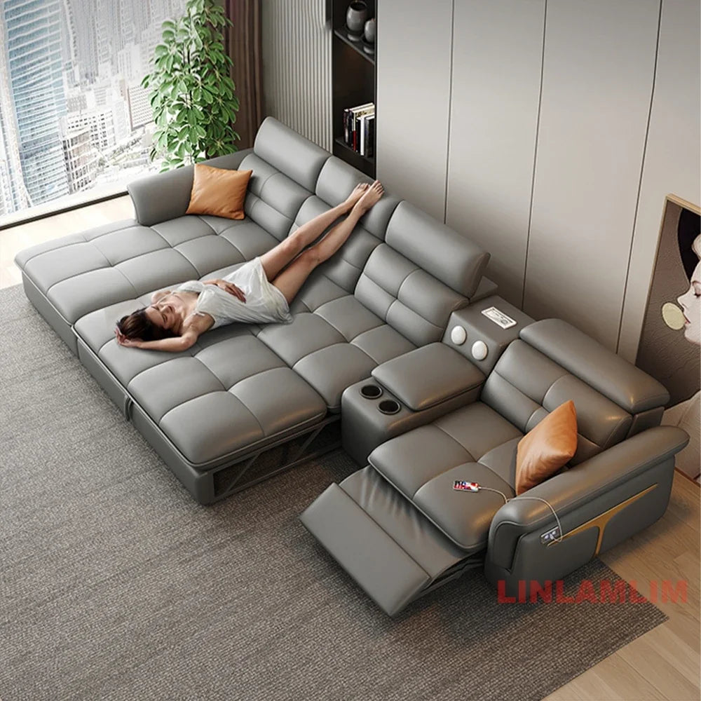 Modernes elektrisches Schlafsofa mit verstellbarer Rückenlehne, L-förmiges, multifunktionales italienisches Echtleder-Sofa
