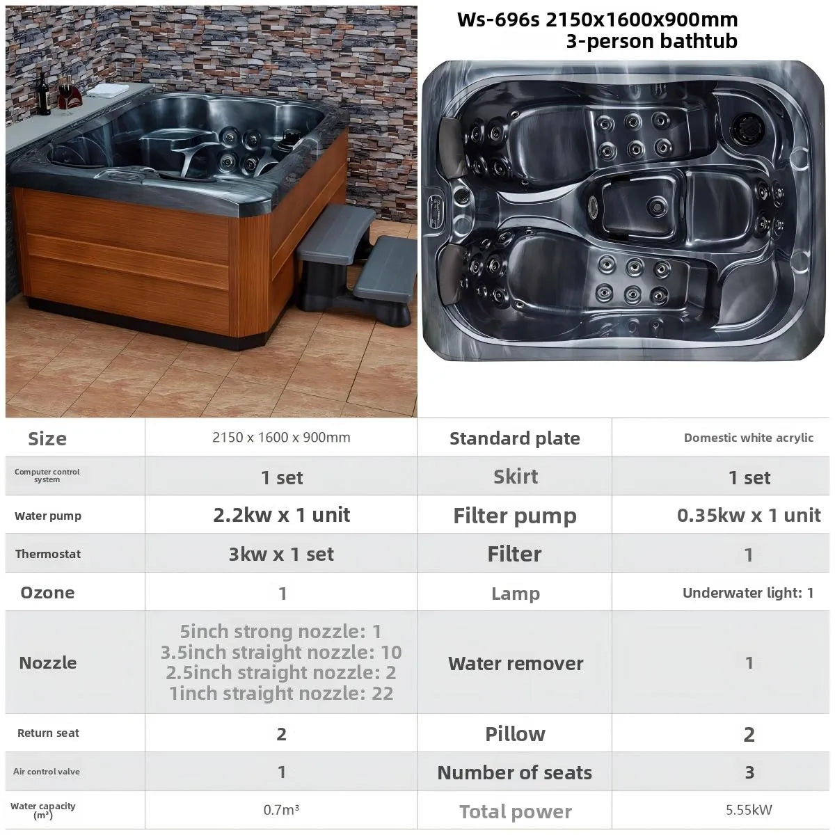 Outdoor-Jacuzzi-SPA-Whirlpool, großer Acryl-Massagebadewanne, intelligenter thermostatisch beheizter Pool, Villa, Hof, Hotel, Resort