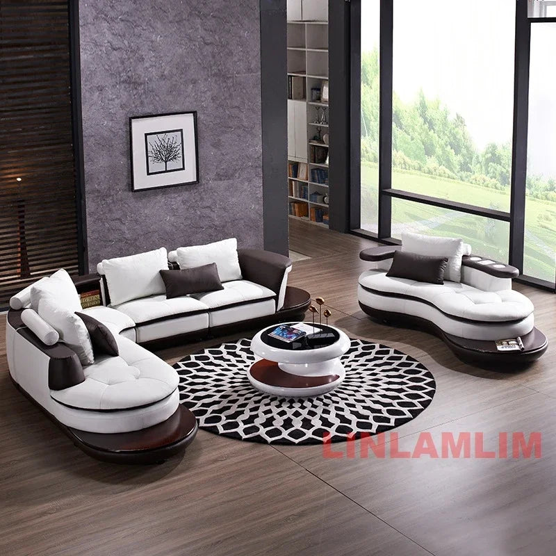 Modernes Luxus-Sofa-Set aus echtem Leder mit Lautsprecher und USB, U-förmiges Wohnzimmersofa mit Ablageregalen