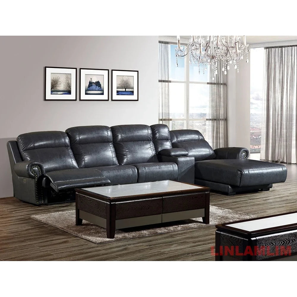 MINGDIBAO Luxuriöses Sofa-Set aus echtem Leder mit elektrischer Relaxfunktion, L-förmige elektrische Relax-Couch mit Nagelverzierung, Heimkinositz