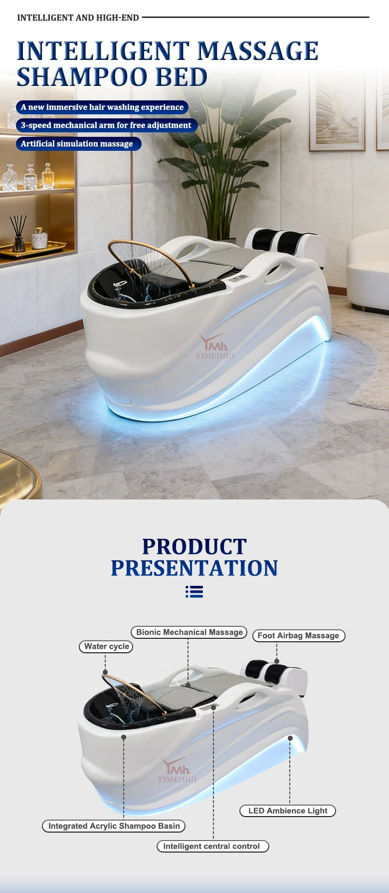 Weißer Fiberglas-Headspa-Tisch elektrische Massage Shampoo-Liege mit Wasserkreislauf