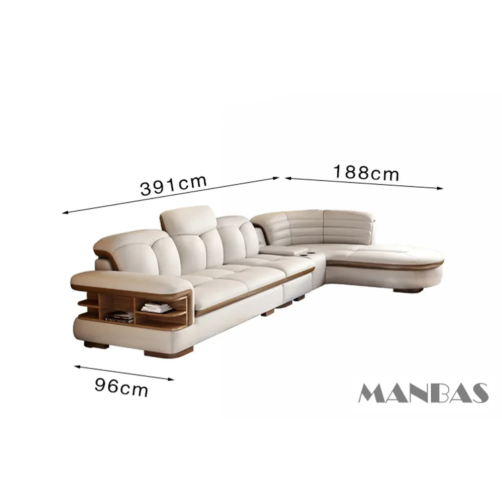 Luxuriöse L-förmige Sektionalsofa-Sets aus echtem Leder mit USB, Bluetooth-Lautsprecher – Linlamlim Wohnzimmer italienische Ledersofas