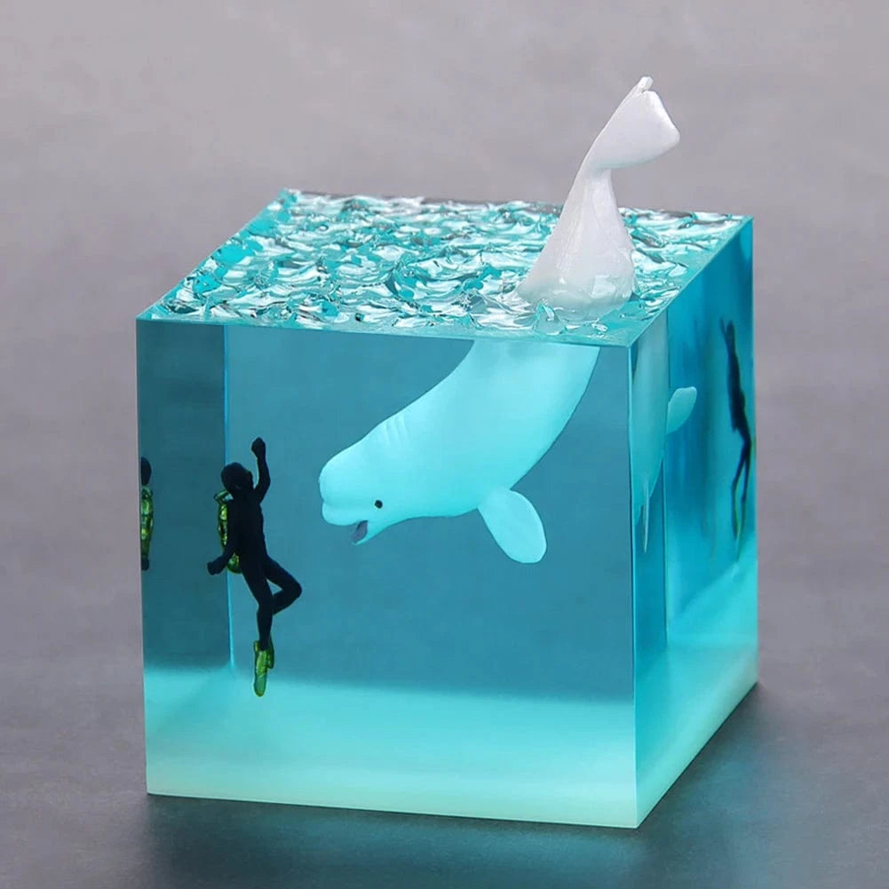Marine Whale Cube Ornament –  Ocean Diver Resin Decoration with Optional Light Base