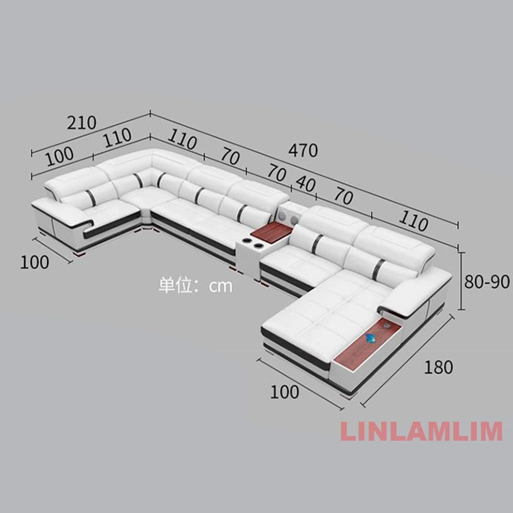 Modern U-Shaped Sectional Sofa with Chaise, White Genuine Leather Couch with Cup Holders, USB – Large Living Room Furniture Set