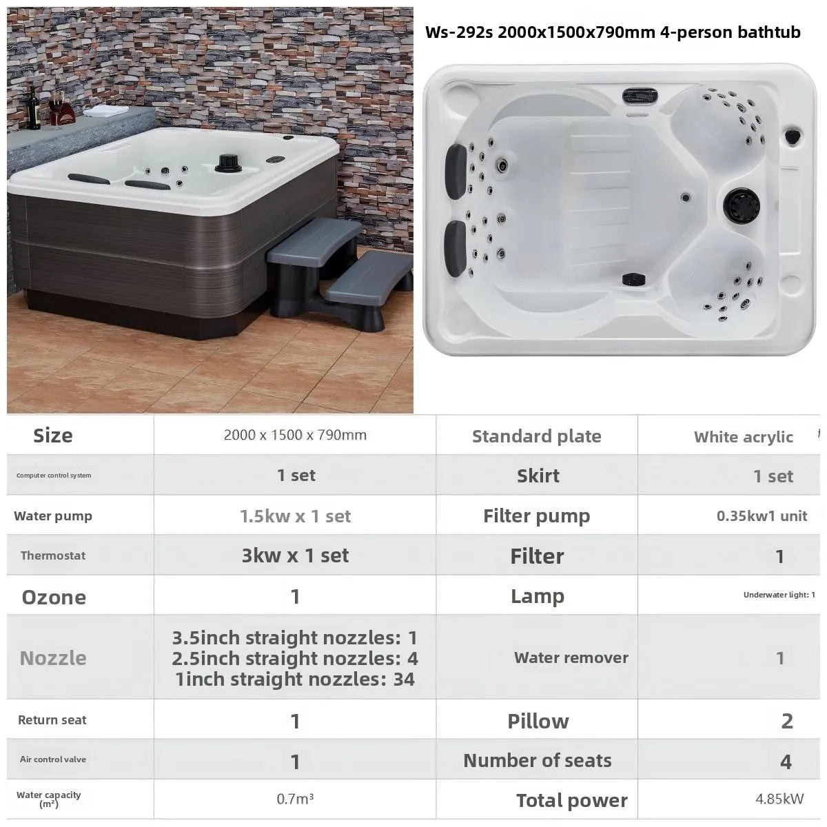 Outdoor-Jacuzzi-SPA-Whirlpool, großer Acryl-Massagebadewanne, intelligenter thermostatisch beheizter Pool, Villa, Hof, Hotel, Resort