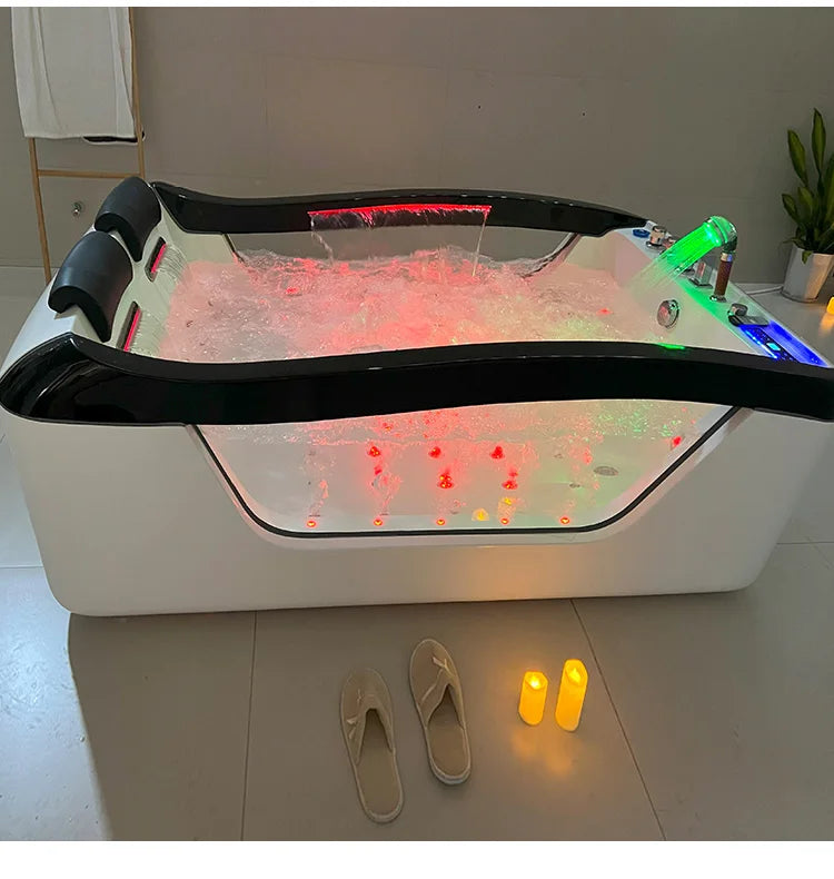 HOKO Schwarzer Indoor-Whirlpool, Spa-Badewanne mit Wasserfall, Massage-Badewanne mit Whirlpool-Düsen, Hydromassage-Badewanne