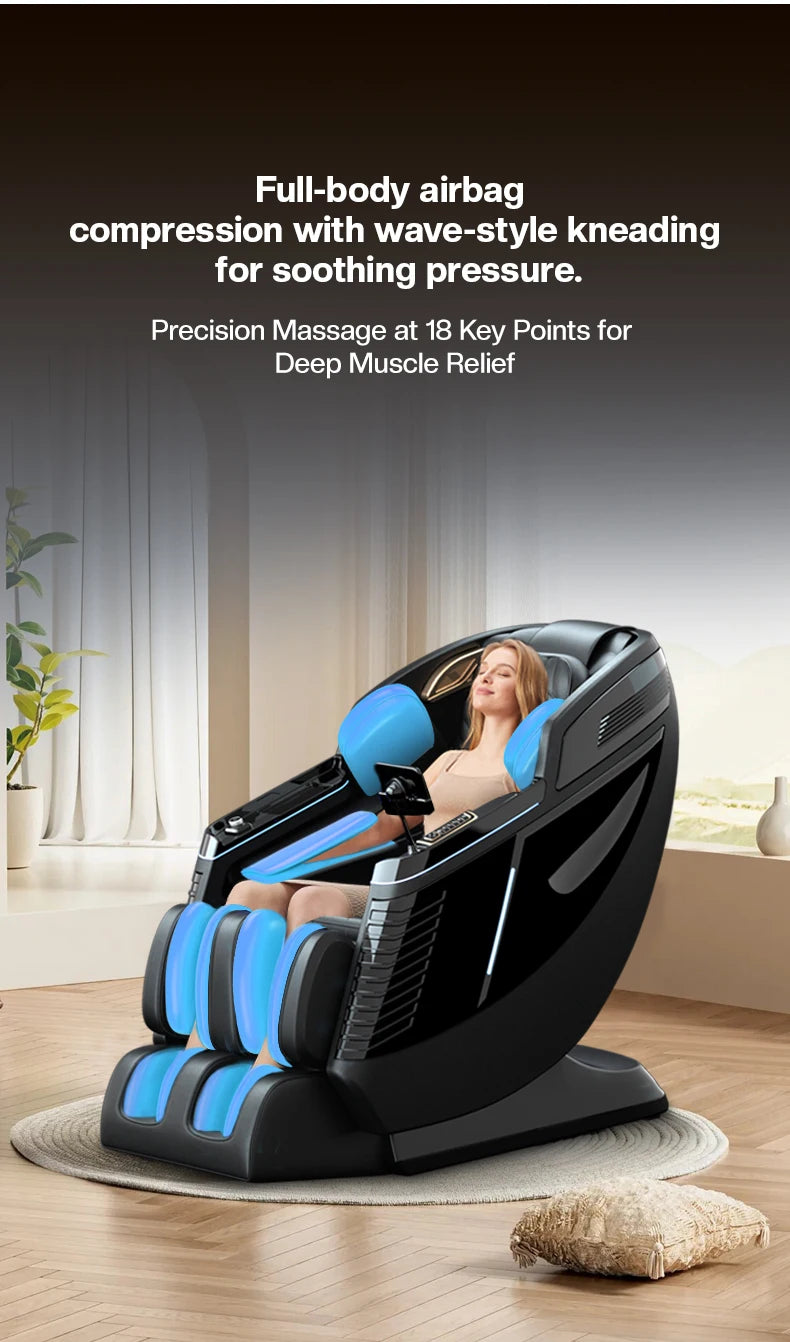 2024 Beliebtester 3D Zero-Gravity Luxus Modern Smart Luftdruck Heizung Shiatsu Leder Massagesessel mit Fußbein Bluetooth