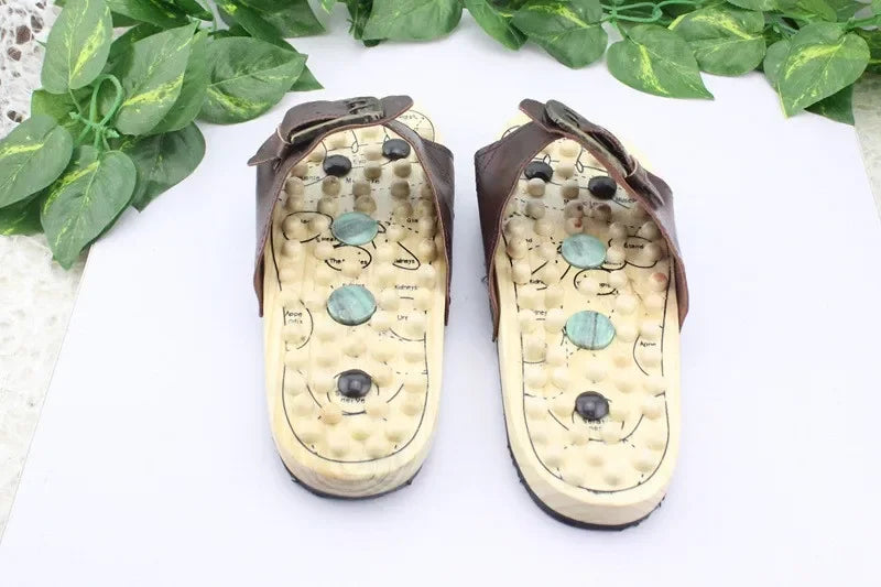 Health care Wooden base acupunture foot massage slippers natural stone acupoint massage slippers