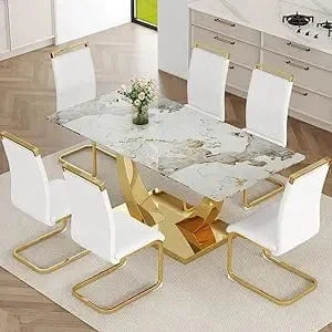Faux Marble Dining Table Set Gold Metal Frame – Modern Elegant Kitchen & Dining Room Furniture