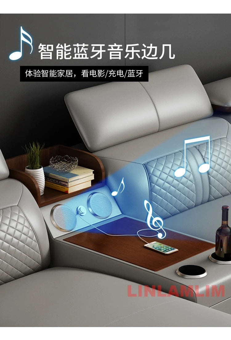 Modernes U-förmiges Ecksofa-Set mit Chaiselongue, echtes Leder Sofa mit Ablagetisch, USB – Große Wohnzimmermöbel