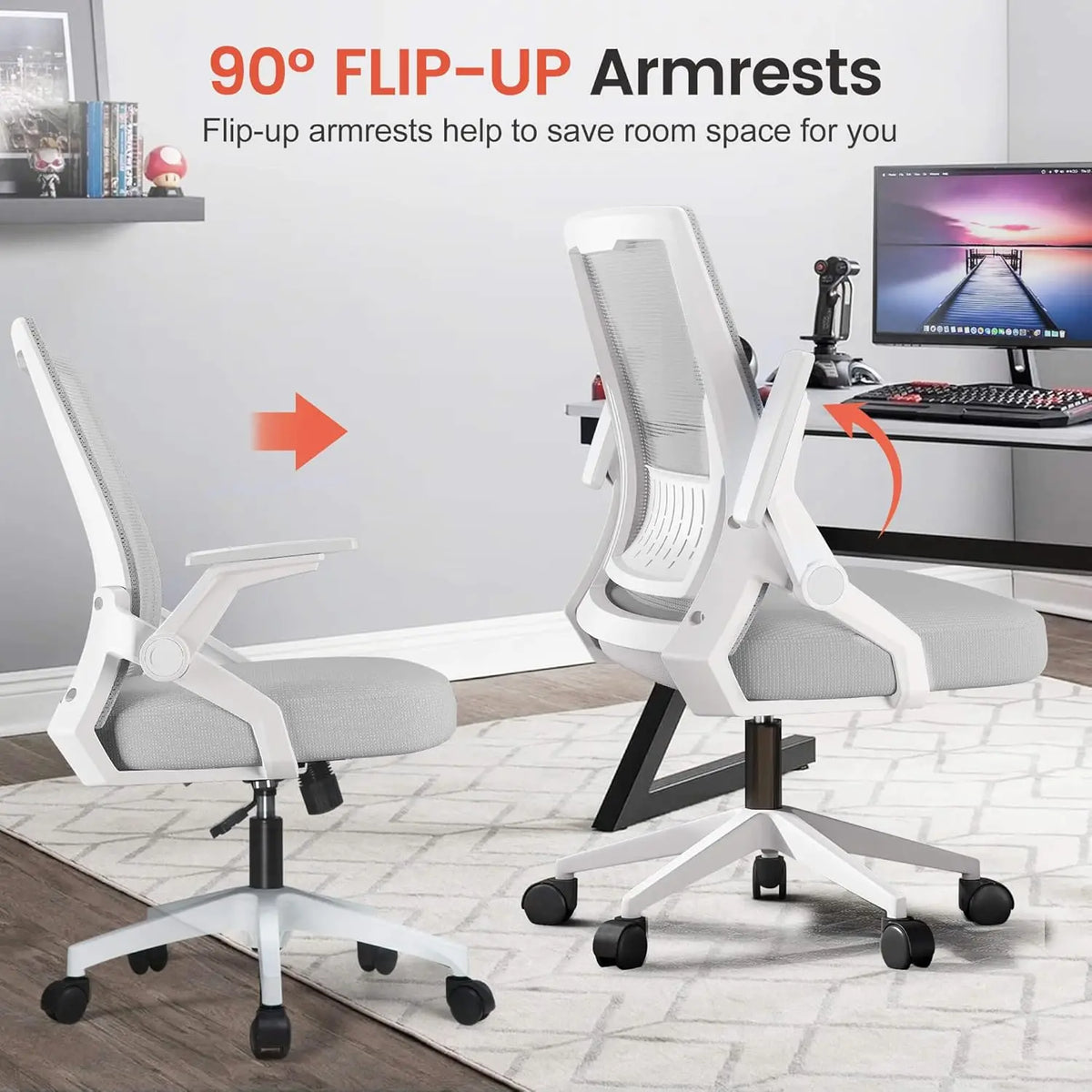 Ergonomic Office Chair with Flip-up Armrests, Breathable Mesh Back, Lumbar Support, Wide Seat for Home and Gaming