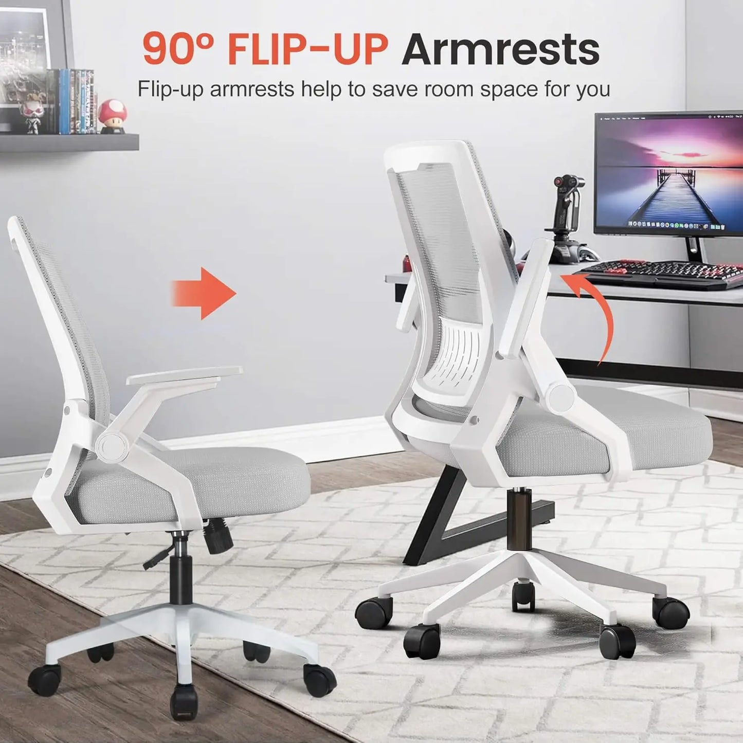Ergonomic Office Chair with Flip-up Armrests, Breathable Mesh Back, Lumbar Support, Wide Seat for Home and Gaming