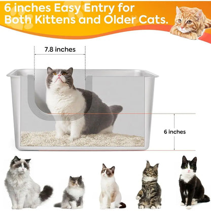 Bac à litière géant en acier inoxydable avec côtés hauts pour un contrôle facile de l'urine et du litière, adapté aux chatons et aux chats âgés