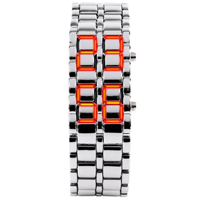 Fashion Men’s Digital Lava Wrist Watch – Full Black Metal with Red/Blue LED Display | Creative Sports Clock, Stylish Gift for Men &amp; Boys