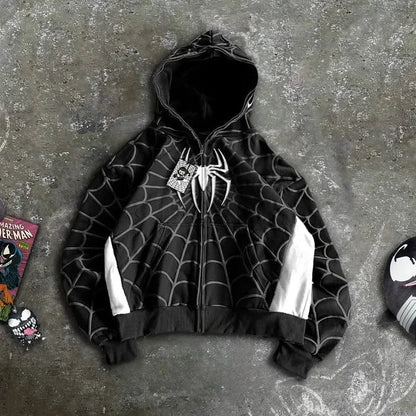 American Spider Vintage Zip Up Hoodie Y2K Oversized Hoodie – Men & Women Streetwear Sweatshirt - FastZen