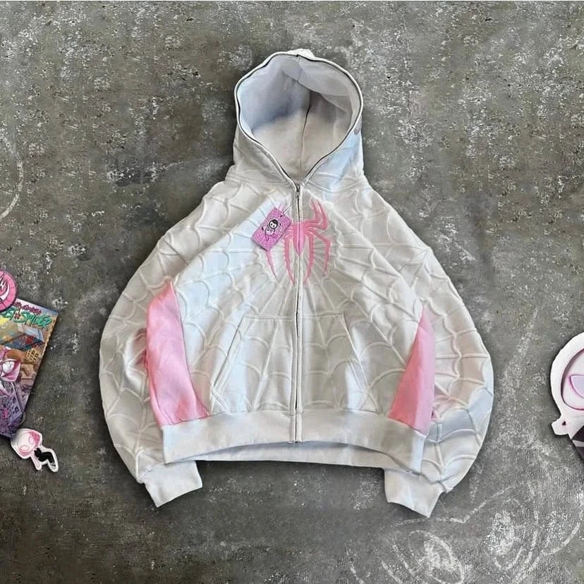 American Spider Vintage Zip Up Hoodie Y2K Oversized Hoodie – Men & Women Streetwear Sweatshirt - FastZen