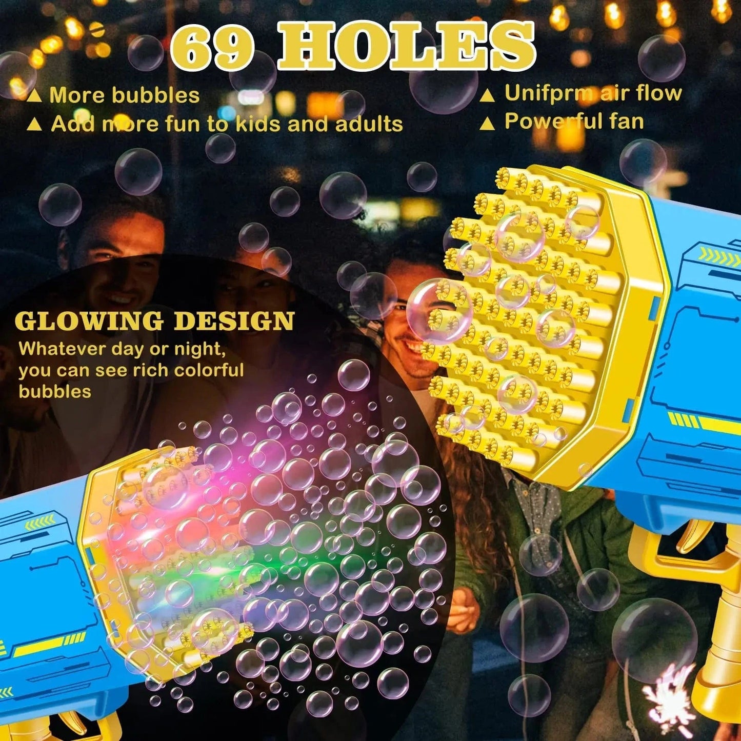 Automatic Bubble Gun Machine – 69/88 Holes Rocket Gatling Bubble Blower with LED Lights, Outdoor Fun Toy for Kids &amp; Parties - FastZen