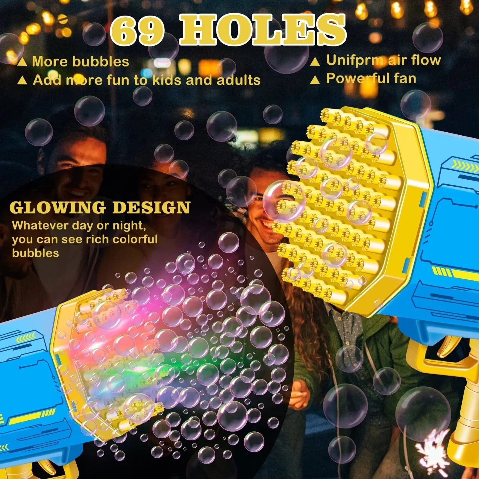 Automatic Bubble Gun Machine – 69/88 Holes Rocket Gatling Bubble Blower with LED Lights, Outdoor Fun Toy for Kids &amp; Parties - FastZen