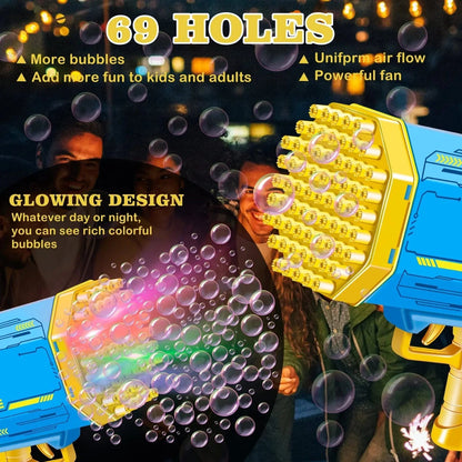 Automatic Bubble Gun Machine – 69/88 Holes Rocket Gatling Bubble Blower with LED Lights, Outdoor Fun Toy for Kids &amp; Parties - FastZen