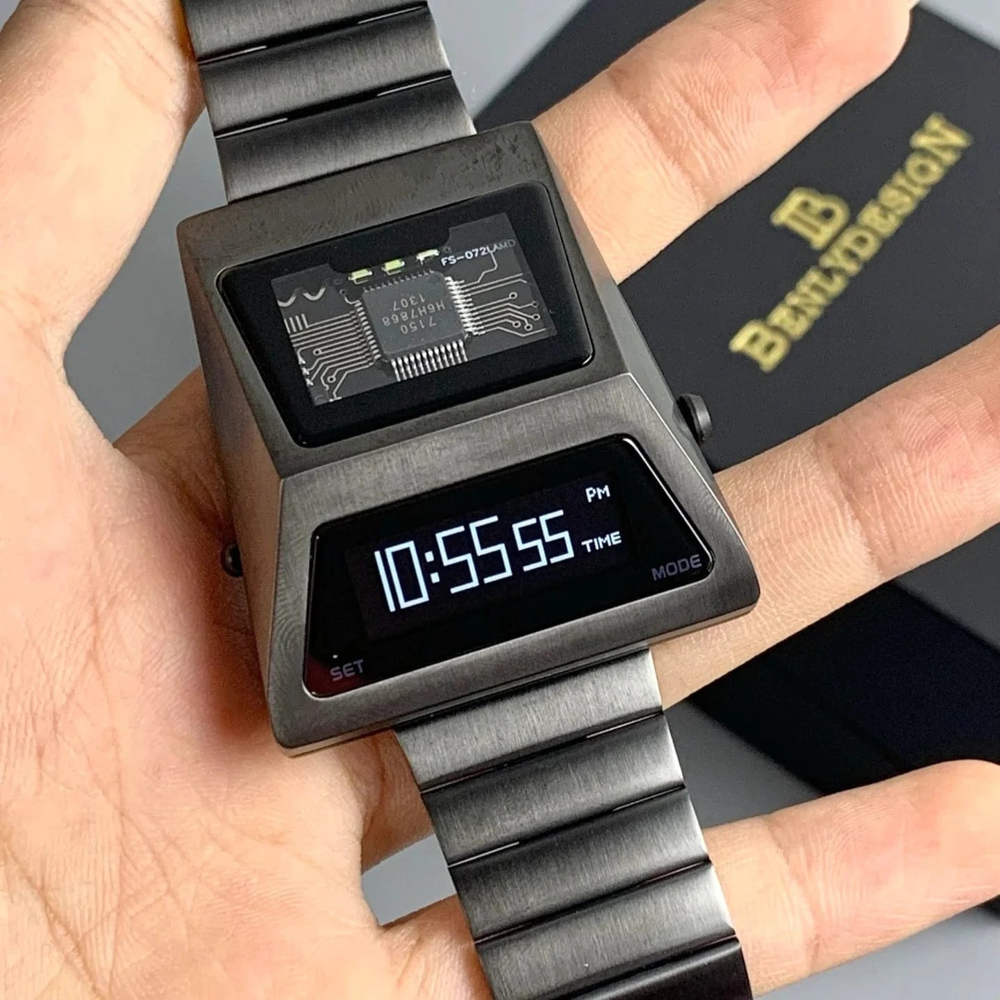 BENLYDESIGN Computron Watch for Men Solar OLED Display Digital Watch Men Lift to Wake Screen Cyberpunk Watch Stainless S3000 - C - FastZen