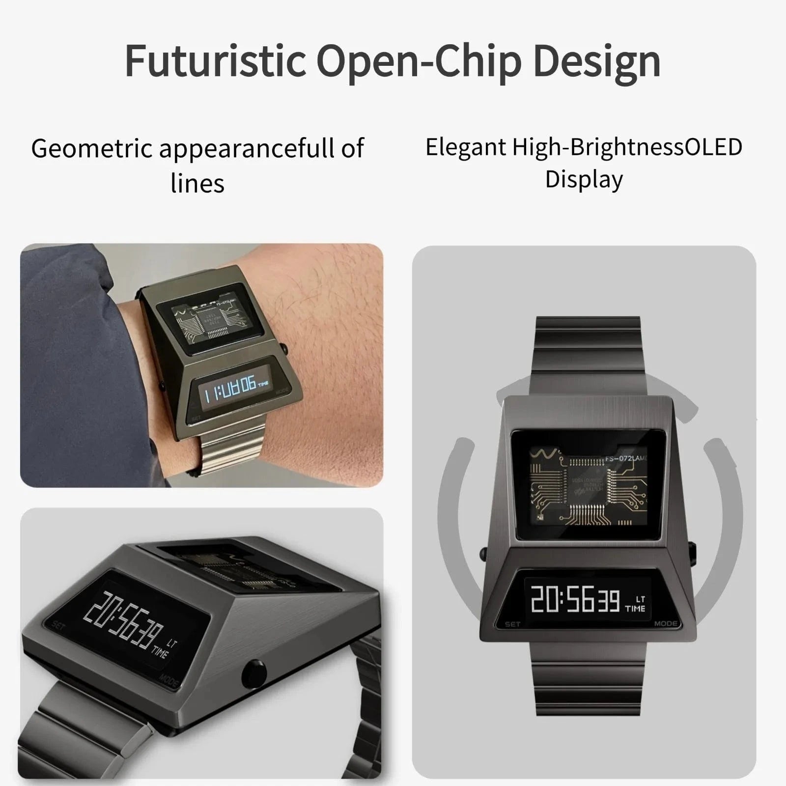 BENLYDESIGN Computron Watch for Men Solar OLED Display Digital Watch Men Lift to Wake Screen Cyberpunk Watch Stainless S3000 - C - FastZen