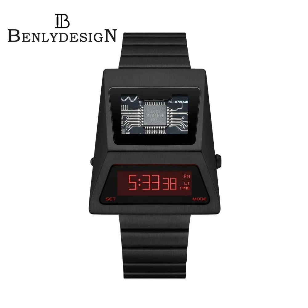 BENLYDESIGN Computron Watch for Men Solar OLED Display Digital Watch Men Lift to Wake Screen Cyberpunk Watch Stainless S3000 - C - FastZen