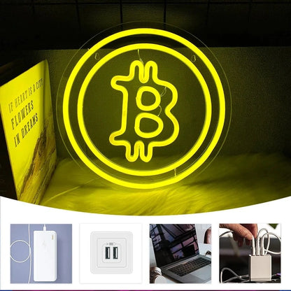Bitcoin Neon Sign, Yellow Bitcoin Led Handmade, Used For Bedroom, Coffee Shop, Game Room, Bar Club Decor, Usb Power Supply. - FastZen