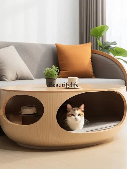 Coffee Table with Built - In Cat Nest – Semi - Closed, Removable & Washable - FastZen