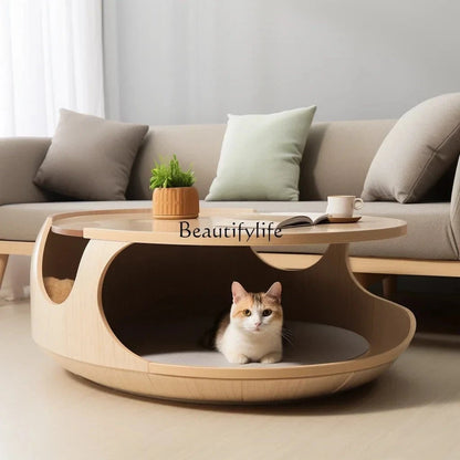 Coffee Table with Built - In Cat Nest – Semi - Closed, Removable & Washable - FastZen