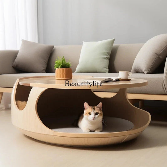 Coffee Table with Built - In Cat Nest – Semi - Closed, Removable & Washable - FastZen