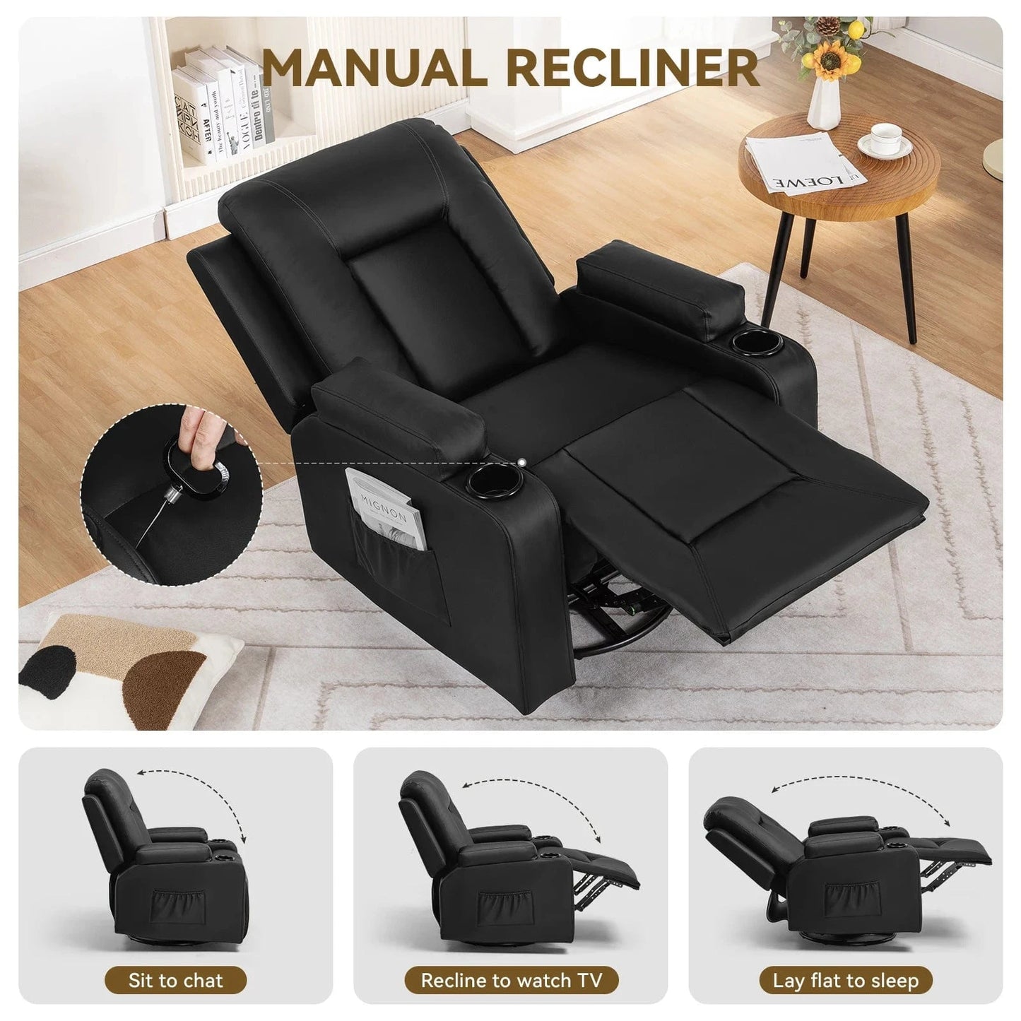 Comhoma Recliner Chair – PU Leather Rocking Swivel Recliner with Heat &amp; Massage - FastZen