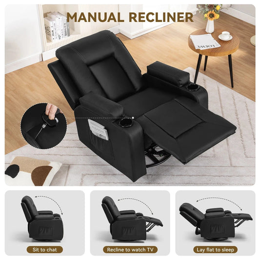Comhoma Recliner Chair – PU Leather Rocking Swivel Recliner with Heat &amp; Massage - FastZen
