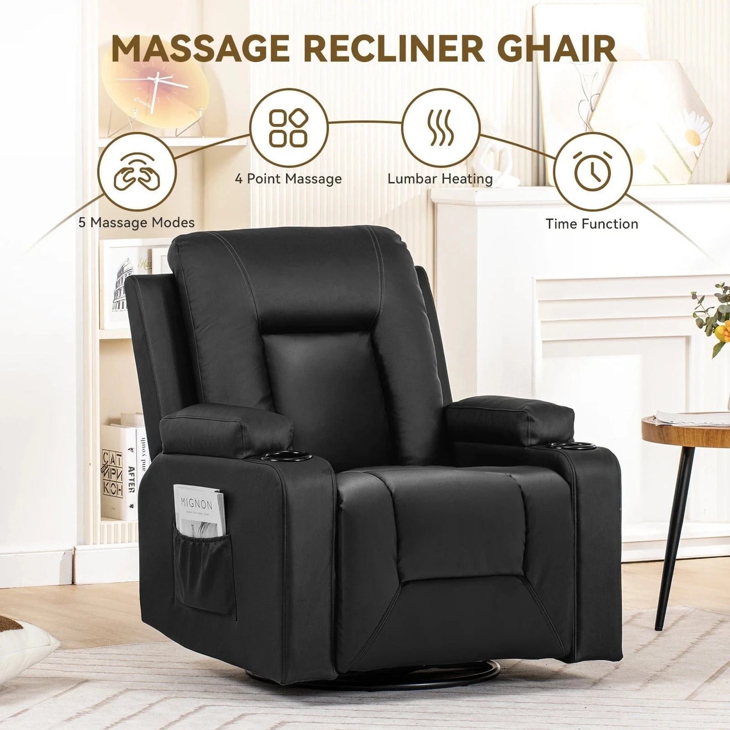 Comhoma Recliner Chair – PU Leather Rocking Swivel Recliner with Heat &amp; Massage - FastZen