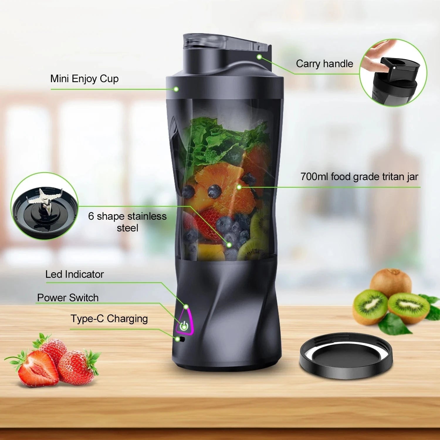 Electric Portable Juicer – 700ML USB Rechargeable Blender for Fresh Juices, Smoothies & Shakes - FastZen