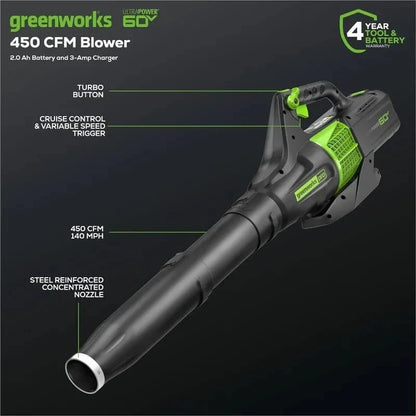 Greenworks 60V Cordless Leaf Blower, 450 CFM, Includes 2.0Ah Battery & Rapid Charger - FastZen