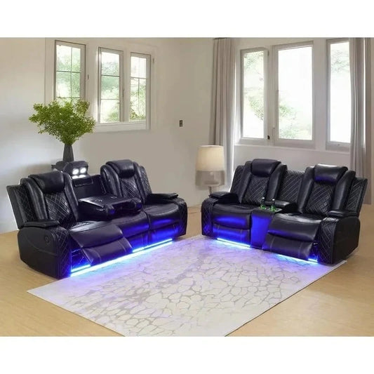 Leather Power Recliner Sofa Set with LED and USB Port Storage Console Cup Holder - FastZen