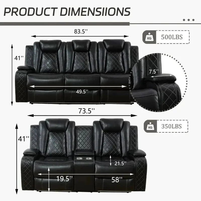 Leather Power Recliner Sofa Set with LED and USB Port Storage Console Cup Holder - FastZen
