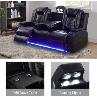 Leather Power Recliner Sofa Set with LED and USB Port Storage Console Cup Holder - FastZen