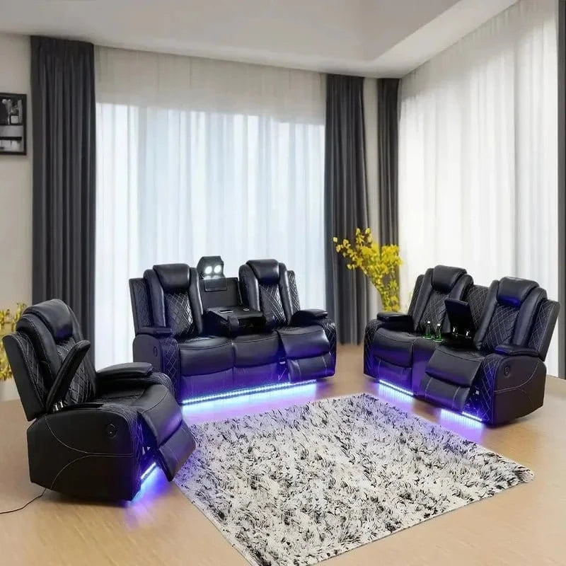 Leather Power Recliner Sofa Set with LED and USB Port Storage Console Cup Holder - FastZen
